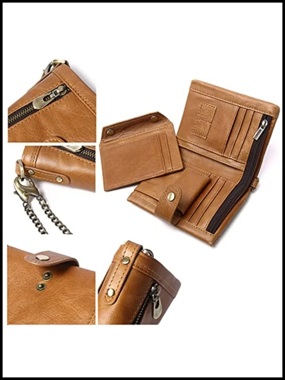 Genuine Leather RFID Bifold Wallet with Anti-Theft Chain, Multifunctional Card